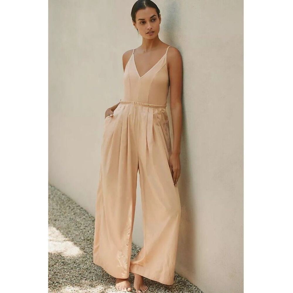 By Anthropologie High Tide Wide Leg One Piece Jumpsuit Peach Cream BOHO Size XXS